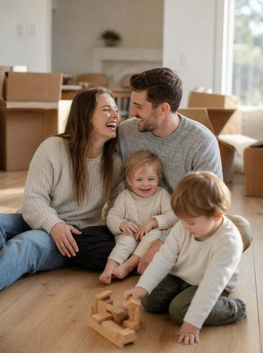A young family laughing together on the floor of their new home among moving boxes
