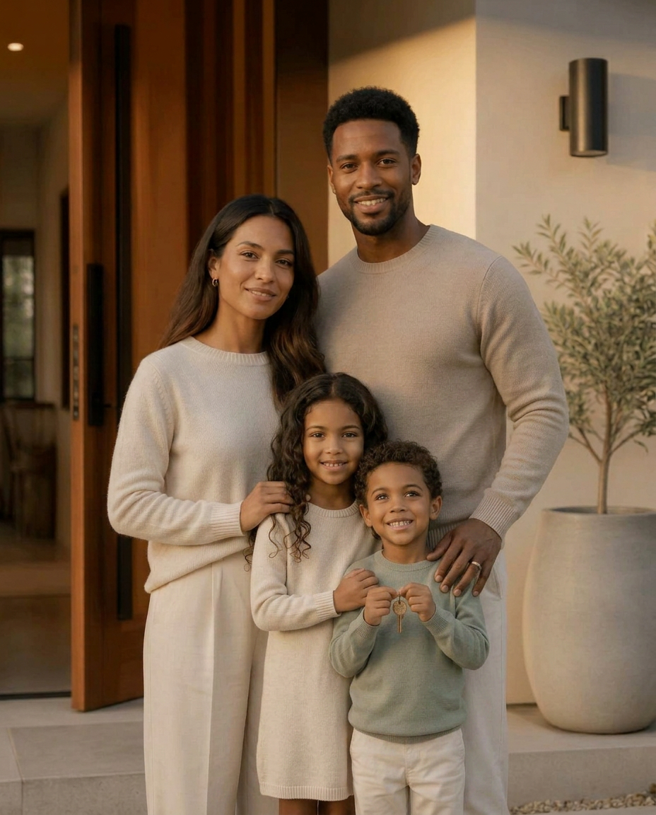 A young family with their son and daughter on the porch of their new home, protected by mortgage protection coverage