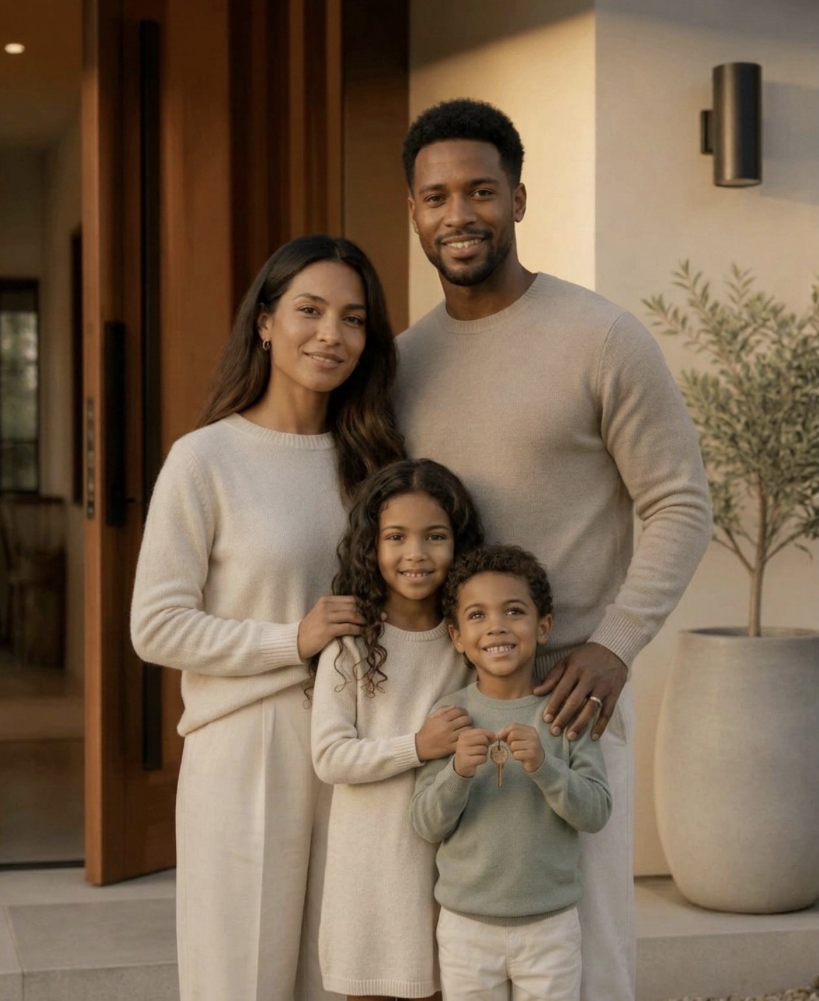 A young family with their son and daughter on the porch of their new home, protected by mortgage protection coverage